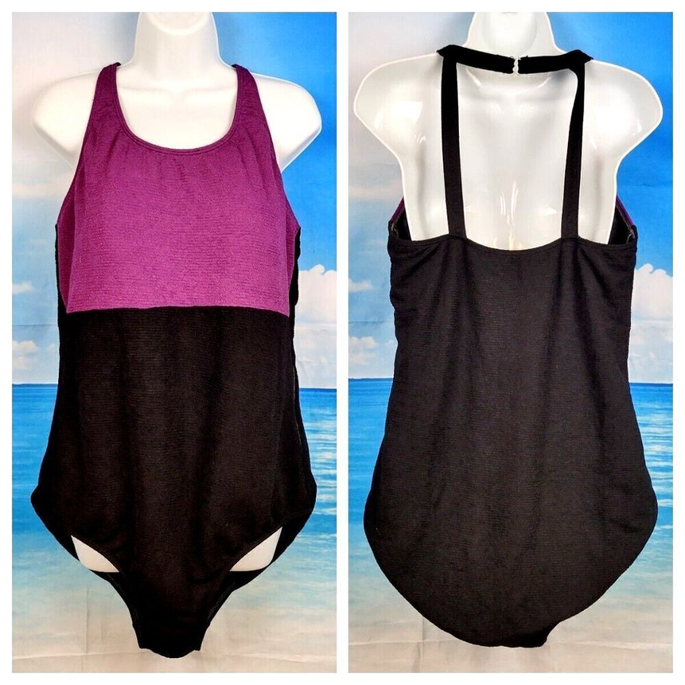 BLACK & PURPLE Womans One Piece Swim Bathing Suit TEXTURED Feel Pad bra size 2x